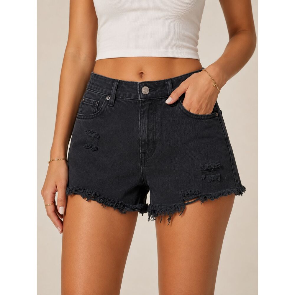 PacSun High Rise Black Distressed Denim Cutoff Jorts Festival Shorts 26 NWOT